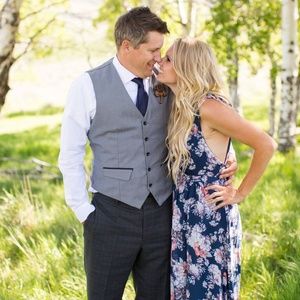 Long Navy Blue Floral Wedding or Prom Dress